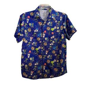 Buc-ees Mens Short Sleeve Button Down Hawaiian Shirt Blue Tropical Print Small